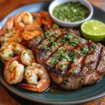 Stek med krämig cajunsås och räkor deliciosa.