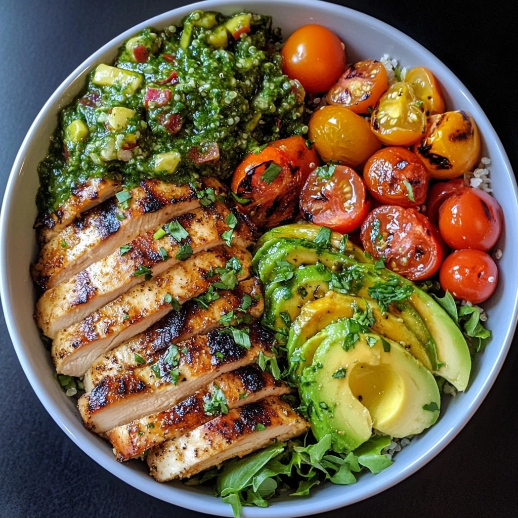 Bowl de Pollo a la Parrilla con Chimichurri y Salsa de Ajo delicioso y fácil.