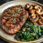 Bistec de Ribeye a la Parrilla con Espinacas Salteadas.