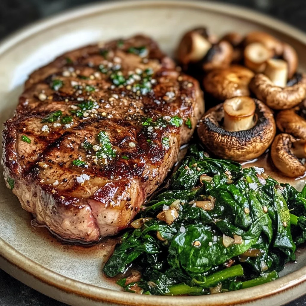 Bistec de Ribeye a la Parrilla con Espinacas Salteadas.