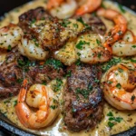 Pasta cremosa de carne y camarones al estilo cajún deliciosa.