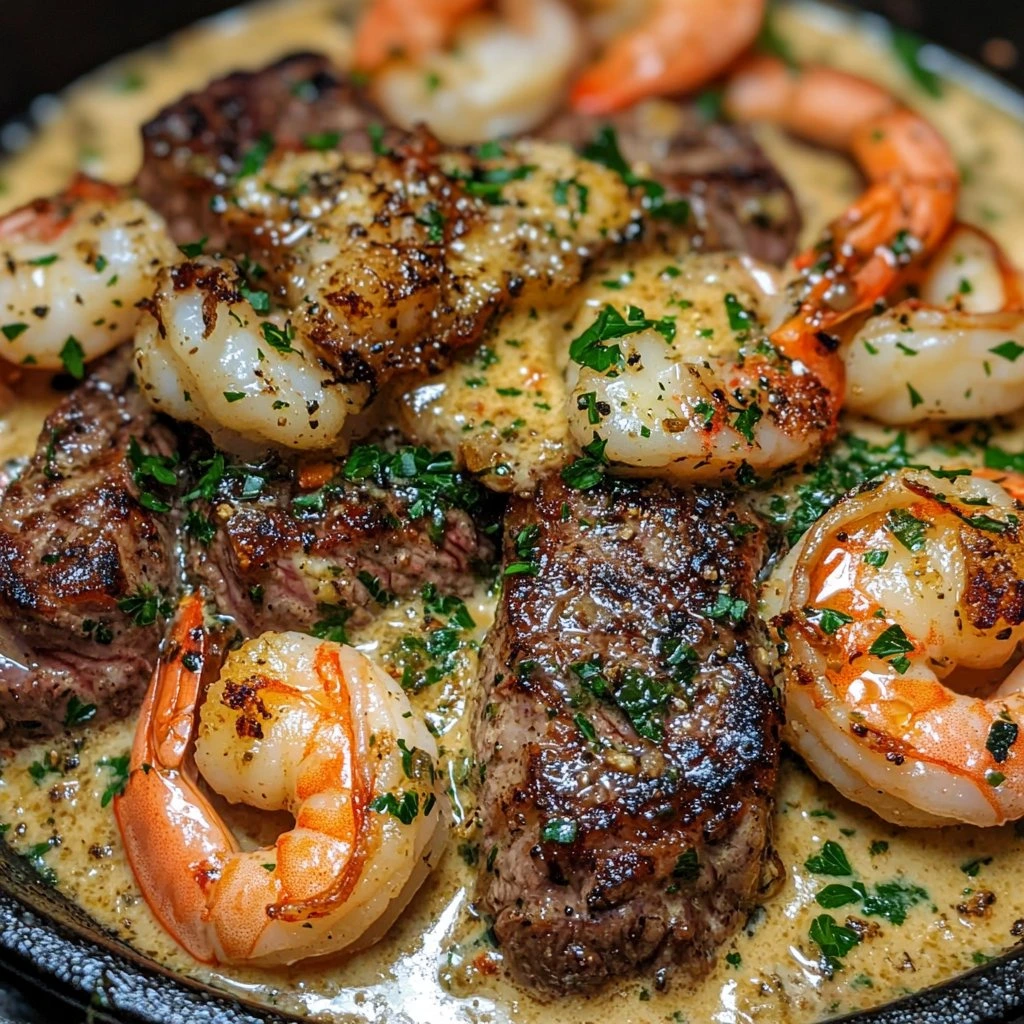 Pasta cremosa de carne y camarones al estilo cajún deliciosa.