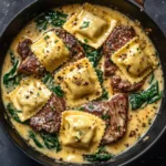Ravioli de Queso con Mantequilla de Ajo y Bistec en una Sartén