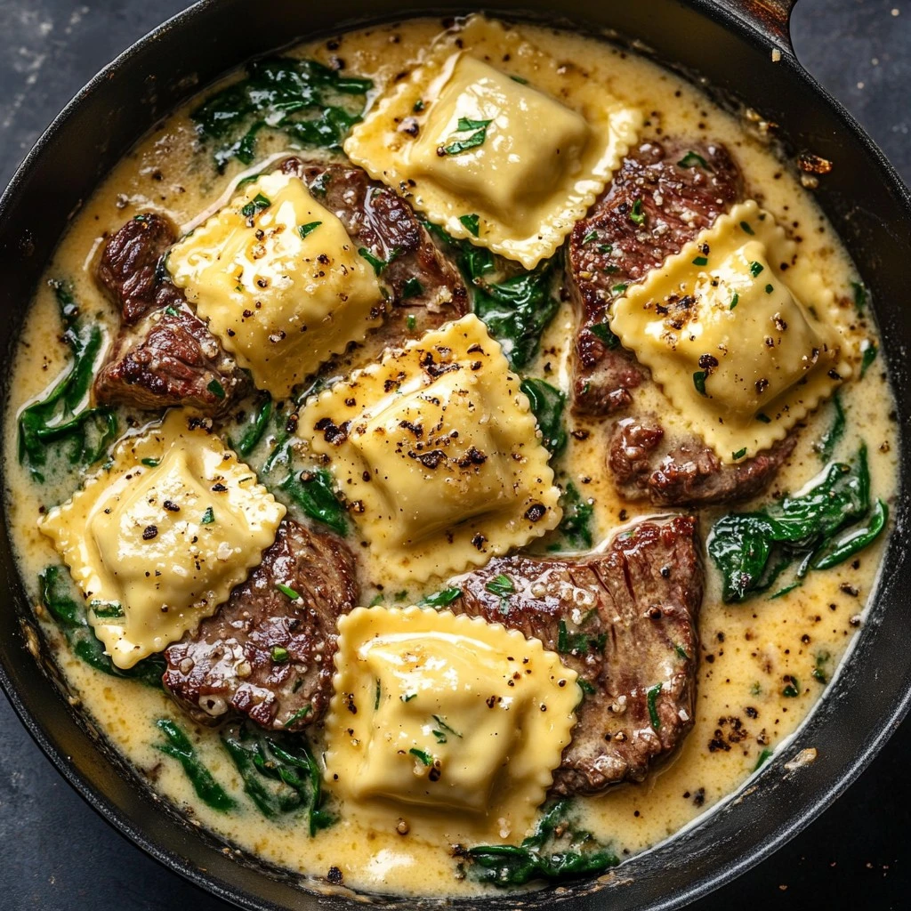 Ravioli de Queso con Mantequilla de Ajo y Bistec en una Sartén