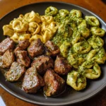Bocaditos de Carne con Mantequilla de Ajo y Tortellini en Crema de Pesto Alfredo