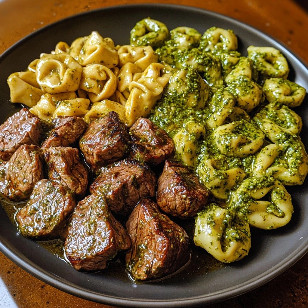 Bocaditos de Carne con Mantequilla de Ajo y Tortellini en Crema de Pesto Alfredo