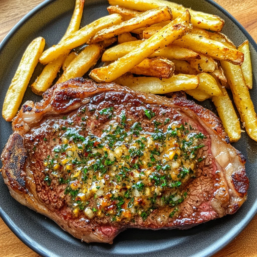 Bistec Ribeye Tierno en Mantequilla de Ajo Aromática con Papas Fritas Crujientes